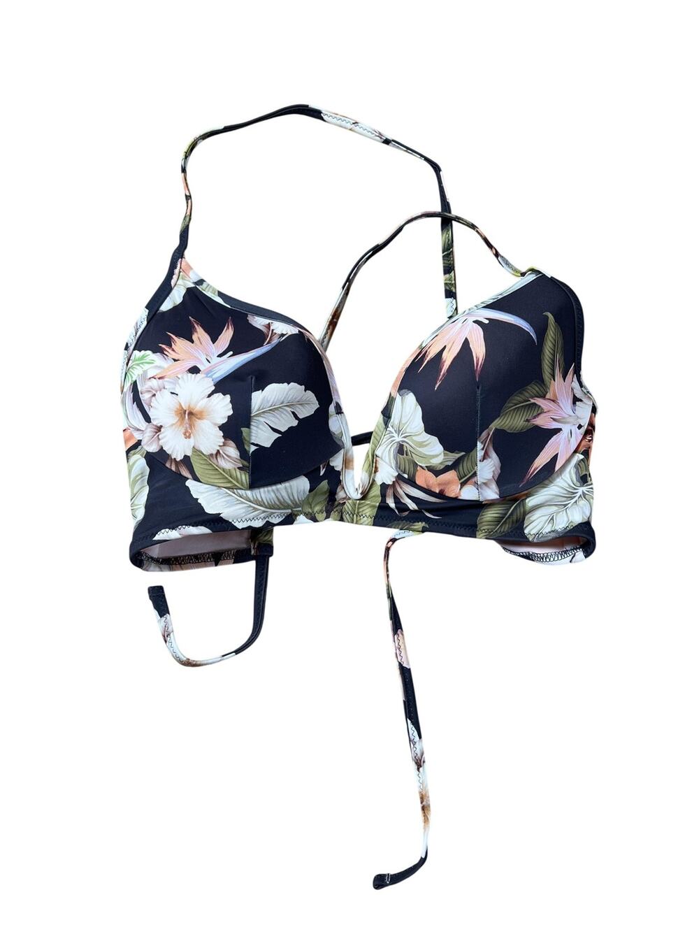 Shade & Shore Swim Top Womens 34C Black Floral Padded Lined Underwired